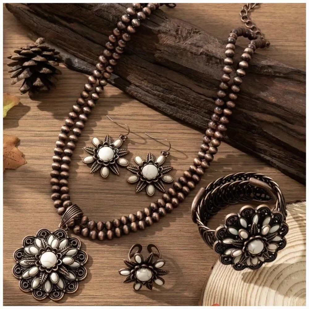Bohemian 3-Layer Sunflower White Turquoise Faux Stone Jewelry Set 4pc